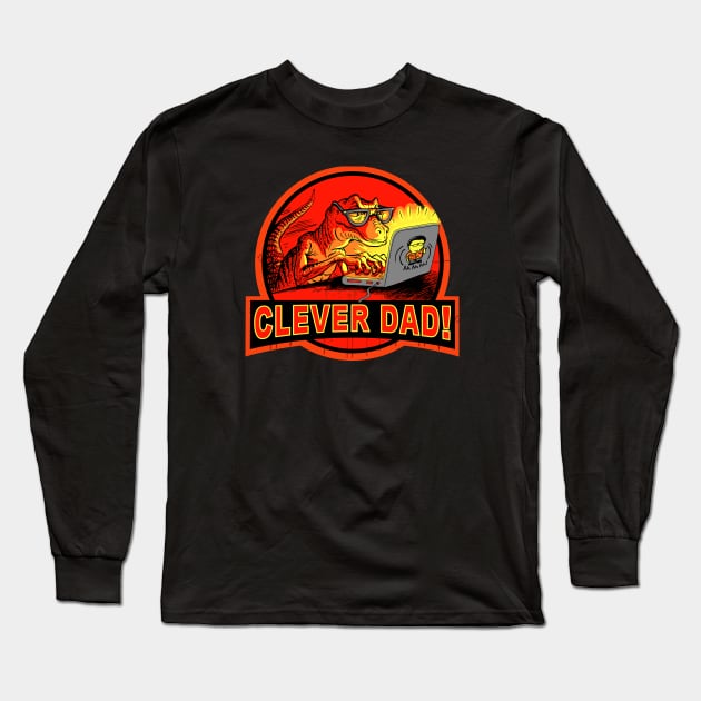 Clever Dad Velociraptor Hacking Dinosaur Laptop Long Sleeve T-Shirt by Mudge